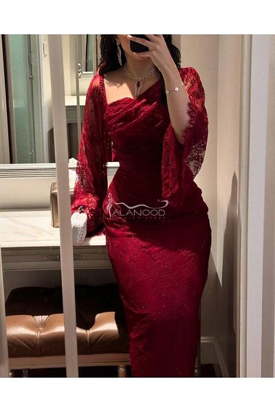 ALANOOD FASHION فستان دانتيل بلون عودي للعيد تصميم أنيق