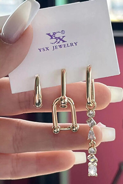 Vitastyle Gold Color Zircon Stone Detailed Dangle Steel 3-Piece Earrings