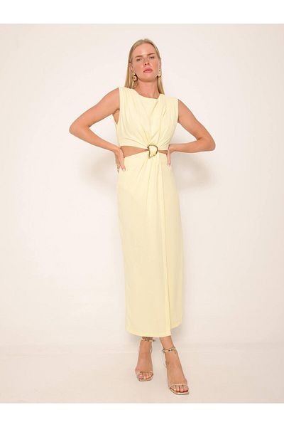 Coral Window Sleeveless Dress with Waist Accessories Yellow