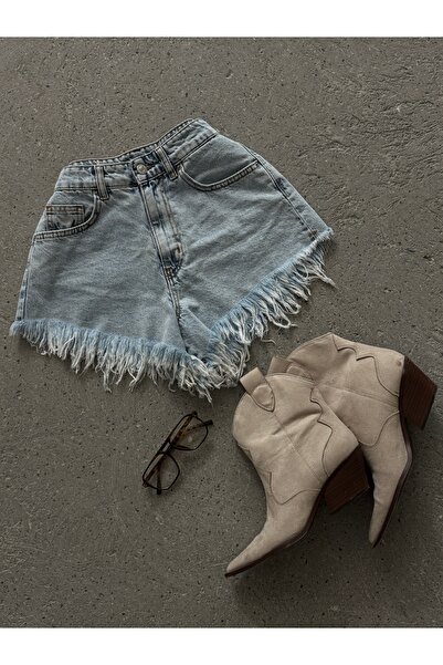 Miss Prova Pantaloni scurți din denim spălat cu zăpadă cu buzunare cu ciucuri MISSSRT8046