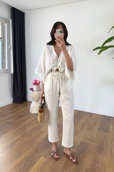 BİRCANÇİL Buny Ecru Tie Detail Muslin Pants Set