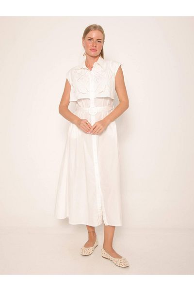Coral Chest Lace Detailed Shirt Dress White