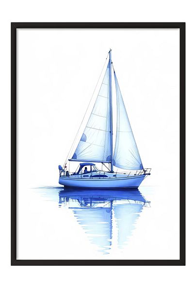 Postifull Black Framed Poster, Sailboat, Oil Painting, Blue Color Poster, 2025 Summer Selection, No:109663