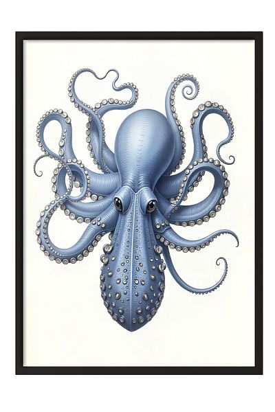 Postifull Black Framed Poster, Octopus, Illustration, Blue Color Poster, Summer Selection 2025, No:109619