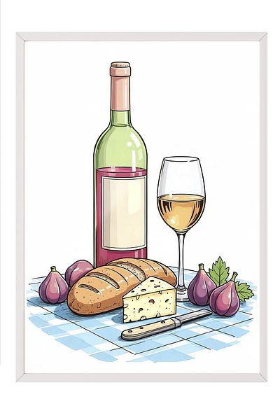 Postifull Poster cu cadru alb, vin la picnic, ilustrație, poster colorat, selecție de vară 2025, NR:10966