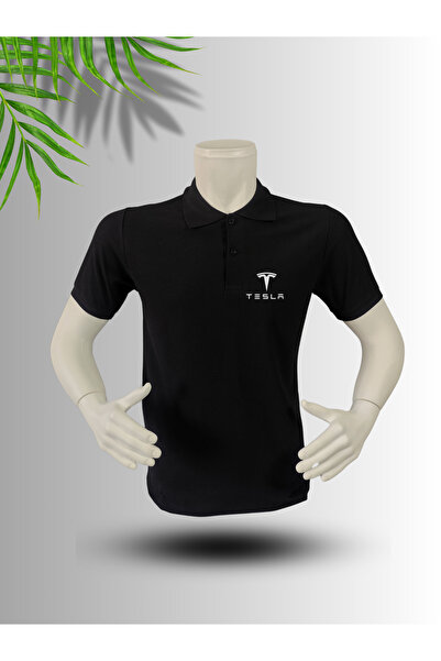 FROOY Tesla Logo Printed Polo Neck Cotton T-Shirt