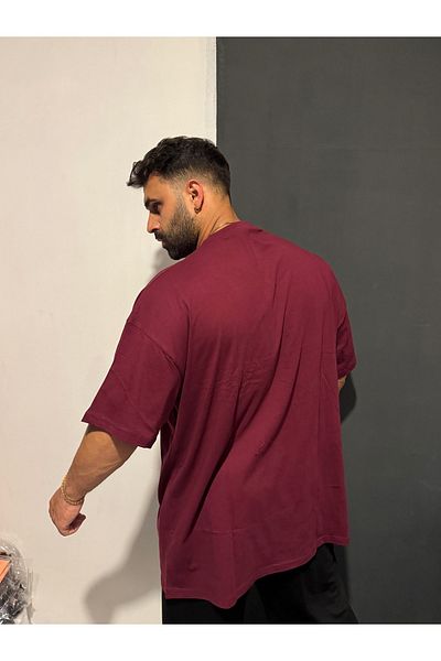 Bas Body FitnessWear Burgundy V-Neck Oversized Size Combed Cotton T-Shirt