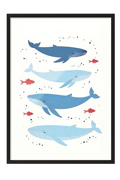 Postifull Black Framed Poster, Whale, Illustration, Blue Color Poster, Summer Selection 2025, No:109622