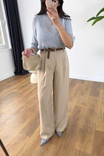 BİRCANÇİL Perla Bej Premium Kemerli Pantolon