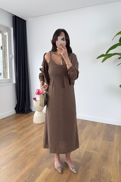 BİRCANÇİL Monisa Coffee Shirt Rope Strap Dress Set