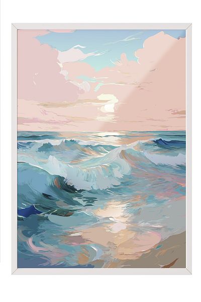 Postifull Pictură cu cadru alb, ocean, valuri, nori, acuarelă, poster colorat, selecție de vară 2025,