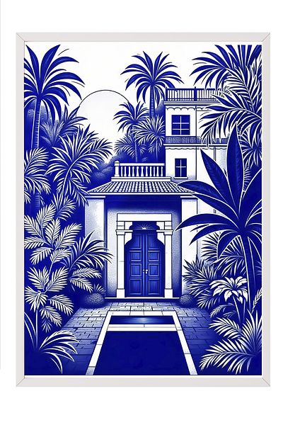 Postifull White Framed Poster, Blue Palm Trees, Illustration, Blue Color Poster, Summer Selection of 2025, No: