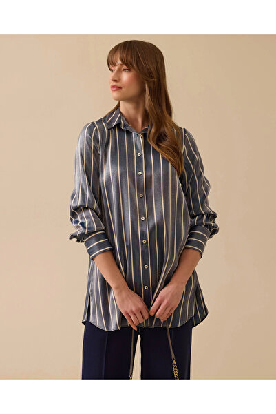SCL Parlak Dokulu Çizgili Düğmeli Gömlek