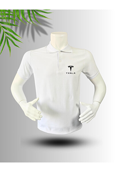 FROOY Tesla Logo Printed Polo Neck Cotton T-Shirt