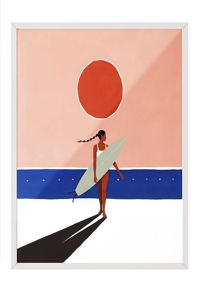 Postifull White Framed Poster Painting, Female Surfer, Illustration, Red Color Poster, 2025 Summer Selection, No: