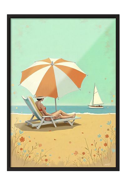 Postifull Black Framed Poster, Woman by the Sea, Illustration, Blue Color Poster, Summer Selection of 2025, No: