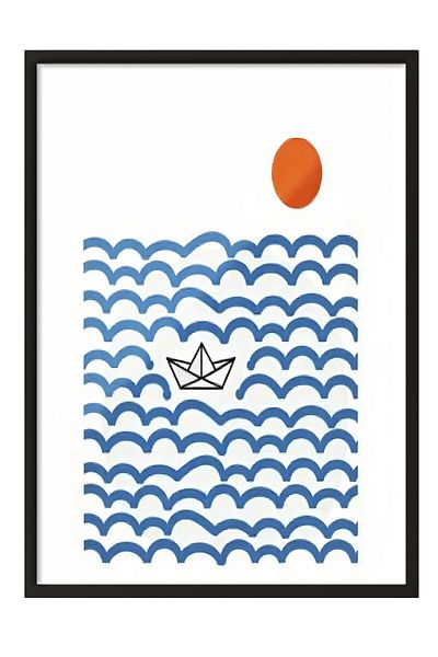 Postifull Black Framed Poster Painting, Paper Boat, Illustration, Maximalist, Blue Color Poster, 2025 Summer Selection