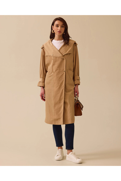 SCL Kruvaze Düğmeli Kapüşonlu Trençkot
