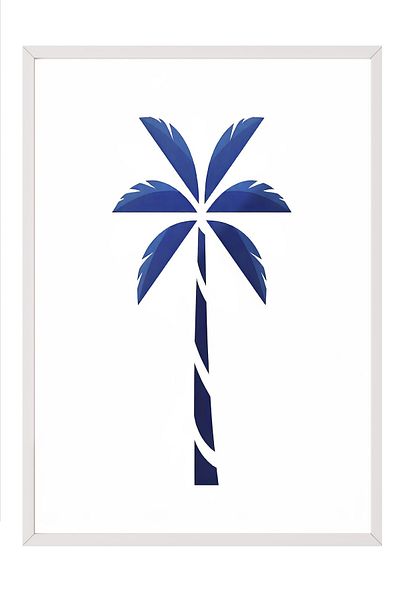 Postifull White Framed Poster, Palm Tree, Illustration, Blue Color Poster, 2025 Summer Selection, No:109577