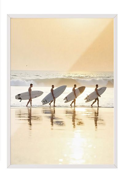 Postifull White Framed Poster, Four Surfers, Photo, Yellow Color Poster, 2025 Summer Selection, No:109534