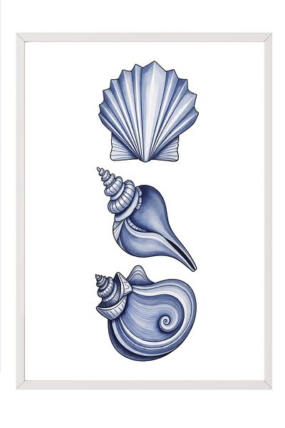 Postifull Poster cu cadru alb, scoici, ilustrație, poster de culoare albastră, selecție de vară 2025, NR:109546