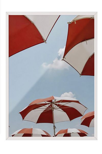 Postifull White Framed Poster, Red Umbrellas, Photo, Red Color Poster, 2025 Summer Selection, No:1095