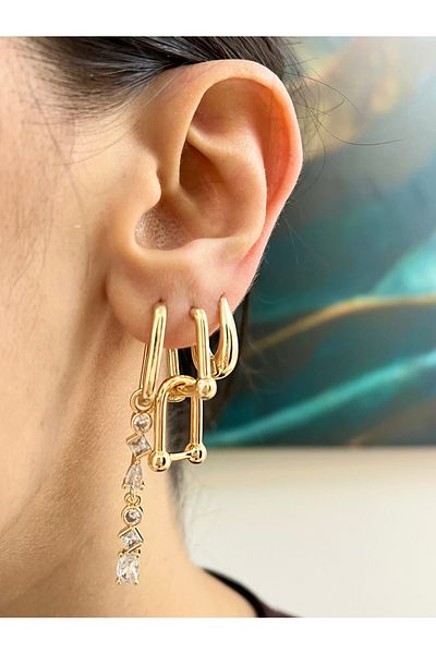 Vitastyle Gold Color Zircon Stone Detailed Dangle Steel 3-Piece Earrings