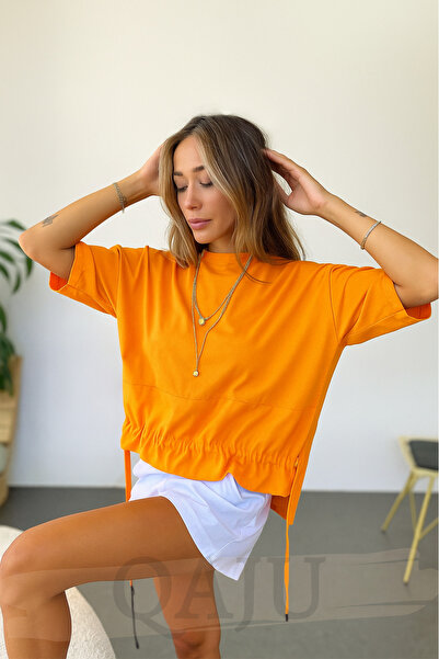 Qaju Tricou oversize pentru femei, galben, cu decolteu, cu șnur în talie (T-S...