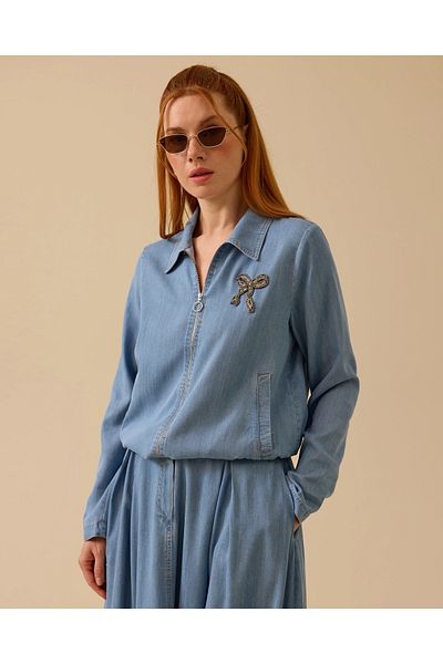 SCL Jachetă de jeans cu fermoar brodat cu piatră