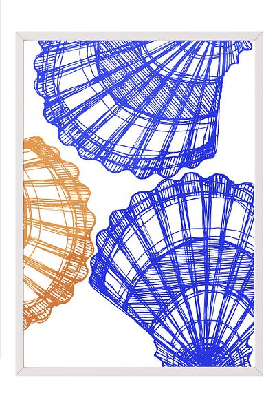 Postifull White Framed Painting, Shell, Pattern, Illustration, Blue, Orange Color Poster, 2025 Summer Selection, No:1