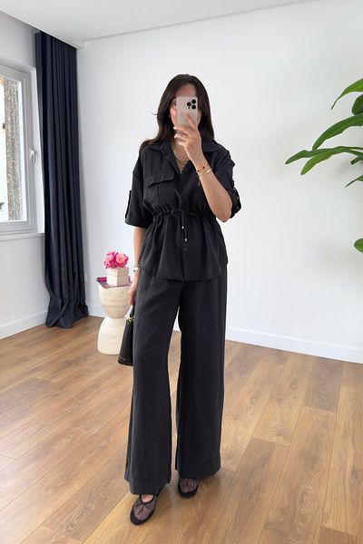 BİRCANÇİL Grow Black Pocket Detailed Waist Tie Shirt Trousers Set