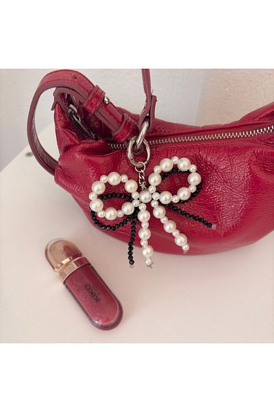 PİNKUE Pinkue Pearl Noir Pearl Bow Charm/ Keychain/ Black and White Bow/ Accessory