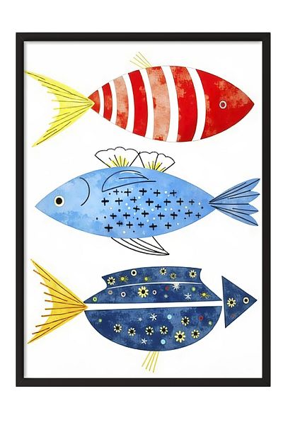 Postifull Black Framed Poster, Colorful Fish, Illustration, Colorful Color Poster, 2025 Summer Selection, No:1096