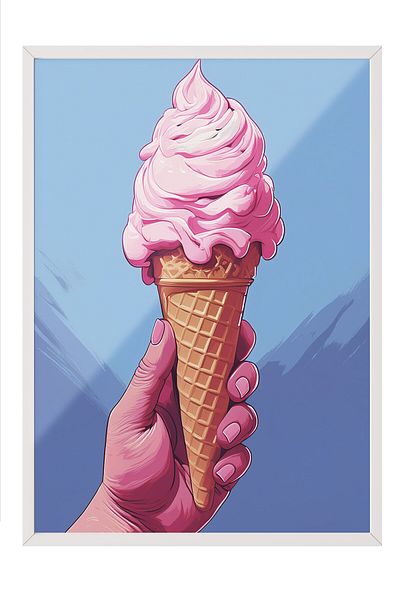 Postifull White Framed Painting, Ice Cream, Cone, Hand, Illustration, Blue Color Poster, 2025 Summer Selection, No:109