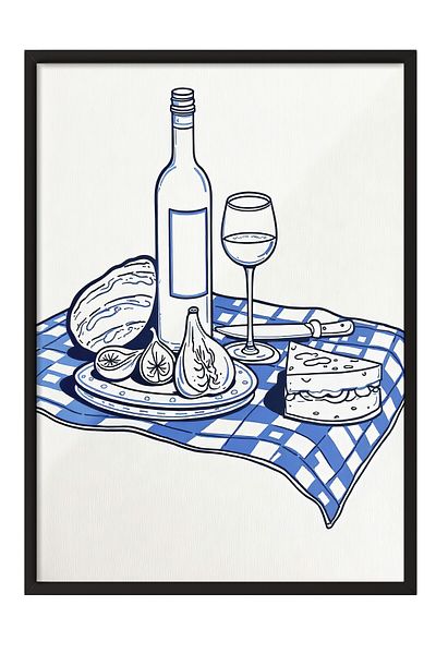 Postifull Poster cu cadru negru, vin la picnic, ilustrație, poster de culoare albastră, selecție de vară 2025, NR:109659