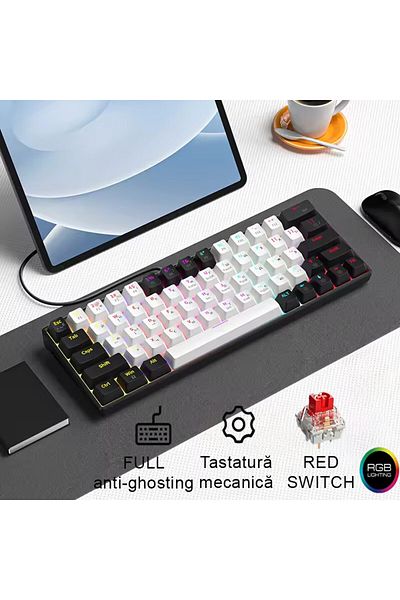 QuTek Qutek Mechanical Gaming Keyboard, 60%, LED Lights, 63 Keys, with Type-C Cable, Red Switch, Portable