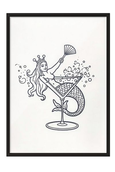 Postifull Black Framed Poster, Mermaid Cocktail, Illustration, Black & White Color Poster, 2025 Summer Selection