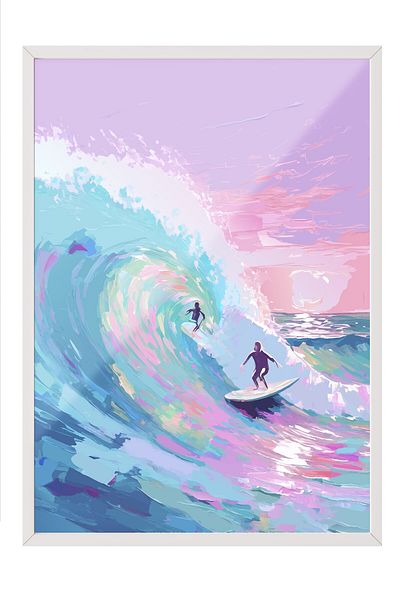Postifull White Framed Painting, Surfer, Wave, Ocean, Illustration, Impressionist, Blue, Pink Color Poster,
