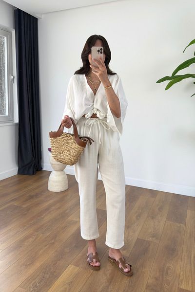 BİRCANÇİL Buny Ecru Tie Detail Muslin Pants Set