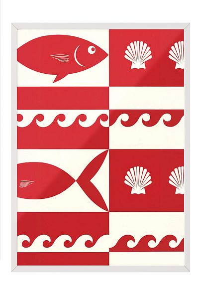 Postifull White Framed Poster Painting, Fish and Shells, Illustration, Red Color Poster, 2025 Summer Selection