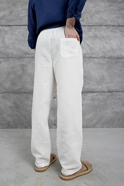 CAST COLLECTİON Чоловічий білий мусліновий матеріал, широкий крій, лляні штани