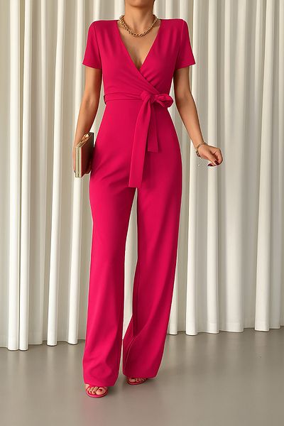 Deafox Fuchsia Double Breasted Collar Belted Crepe Fabric Jumpsuit