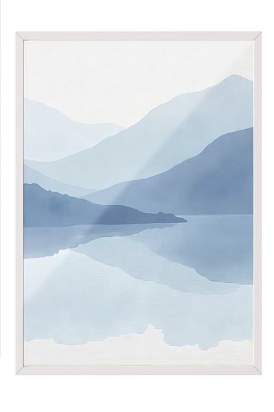 Postifull White Framed Poster, Abstract Mountains, Illustration, Blue Color Poster, 2025 Summer Selection, No:109670