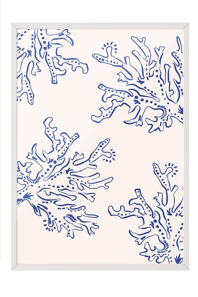 Postifull White Framed Painting, Coral, Pattern, Flat Illustration, Blue, Beige Color Poster, 2025 Summer Selection, No:
