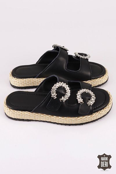 Mamito Ayakkabı H 01 Stone Detailed Straw Sole Slippers