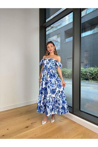modaçelikler Square Neck Balloon Sleeve Draped Dalim Blue Women's Floral Dress 25Y441
