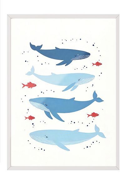 Postifull White Framed Poster, Whale, Illustration, Blue Color Poster, Summer Selection 2025, No:109622