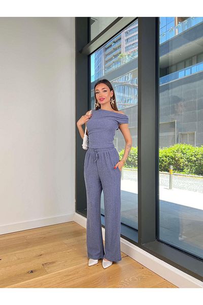 modaçelikler Short Sleeve Blouse Elastic Waist Wide Leg Pants Eldar Women's Blue Corduroy Suit 24Y854