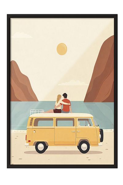 Postifull Black Framed Painting, Sunset and Couple, Illustration, Yellow Color Poster, 2025 Summer Selection, No:1097