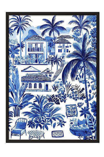 Postifull Black Framed Painting, House, Palm Trees, Plants, Watercolor, Illustration, Blue, White Color Post